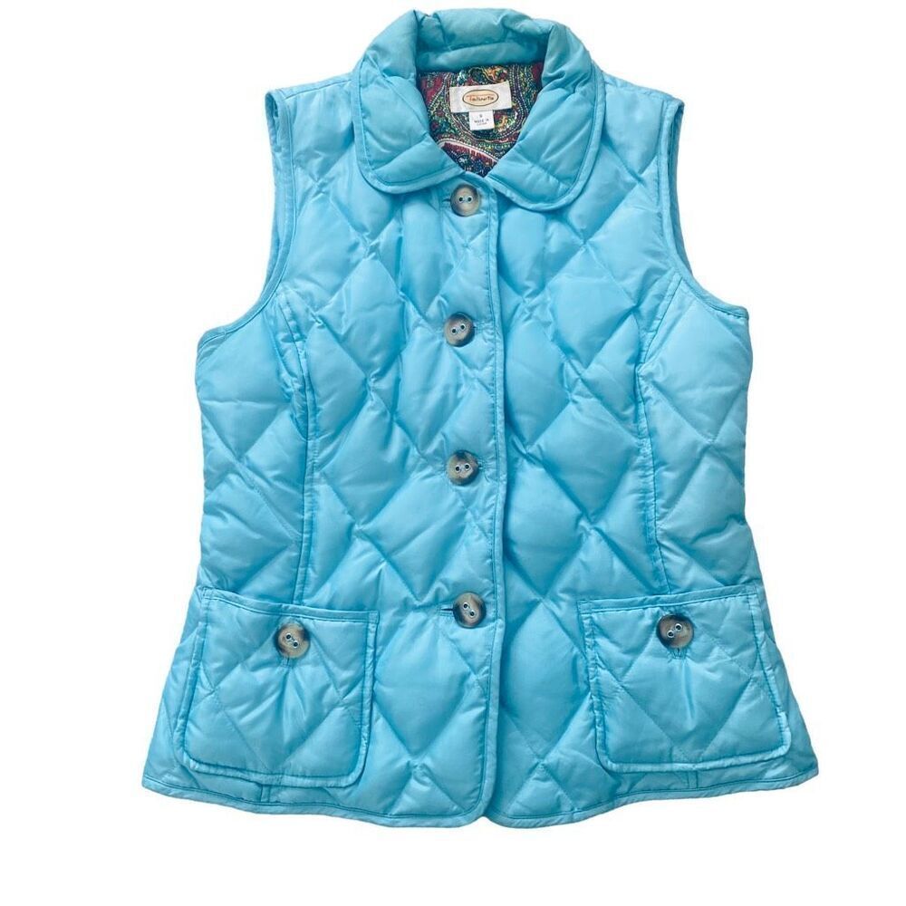 Talbots Jacket Vest Size Small Turquise Blue Duck Down Puffer Paisley Lined D23